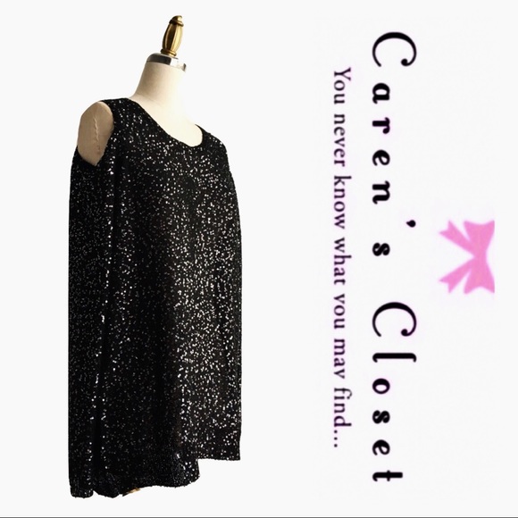DKNYC Black Sequin Cold Shoulder Knit Sweater Top - Picture 3 of 6
